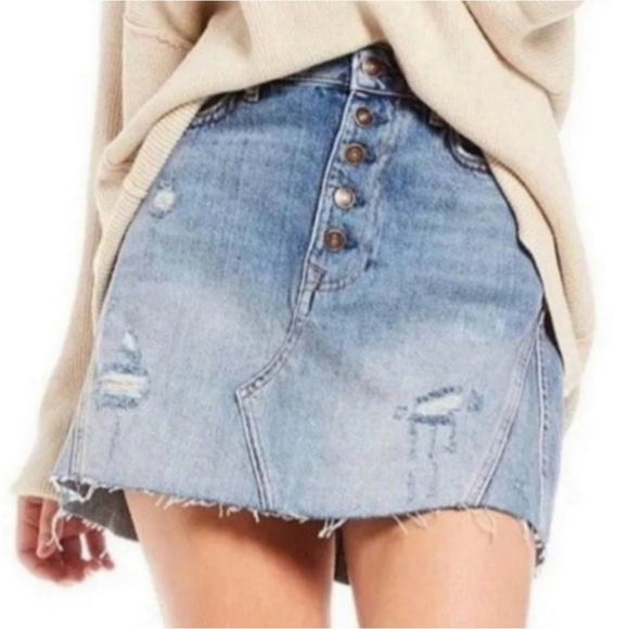 FREE PEOPLE | Distressed Denim Jean Skirt - Picture 1 of 16